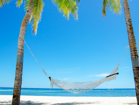 A beach hammock between palm trees portraying the relaxation of sedation dentistry
